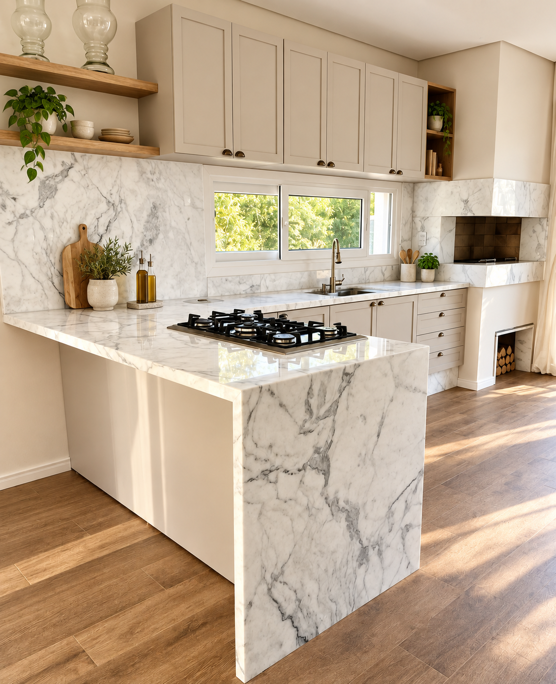 Cozinha com ilha em mármore branco em Brasília