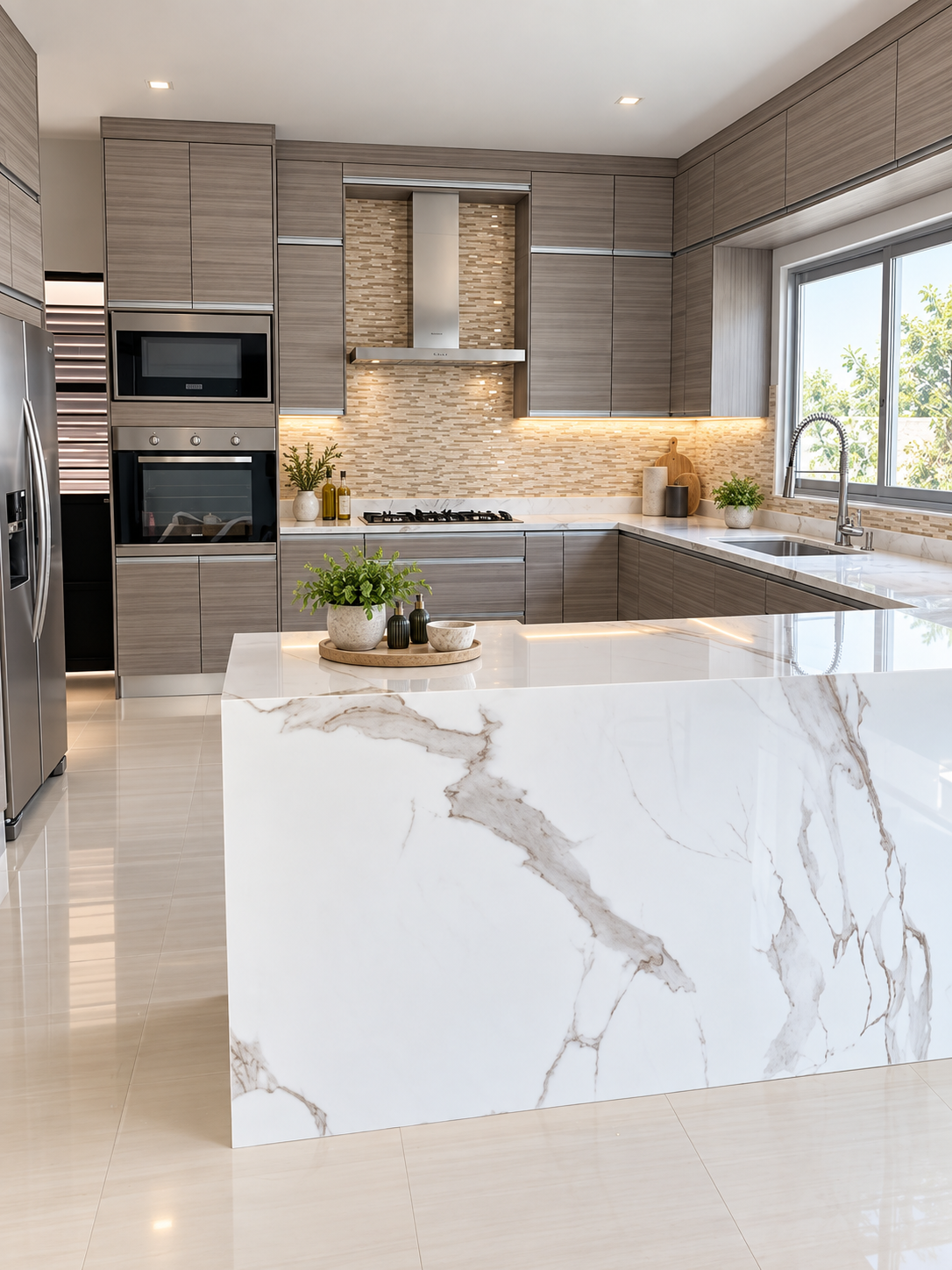 Ilha de cozinha em mármore claro em Brasília