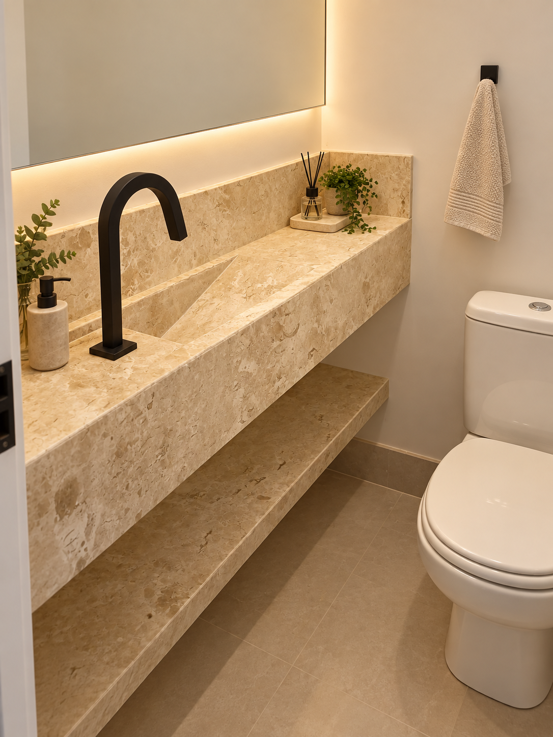 Lavabo finalizado com bancada esculpida em mármore